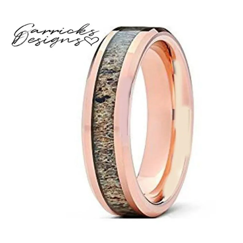 Men's Real Rose Gold Tungsten Wedding Ring With Deer Antler Inlay